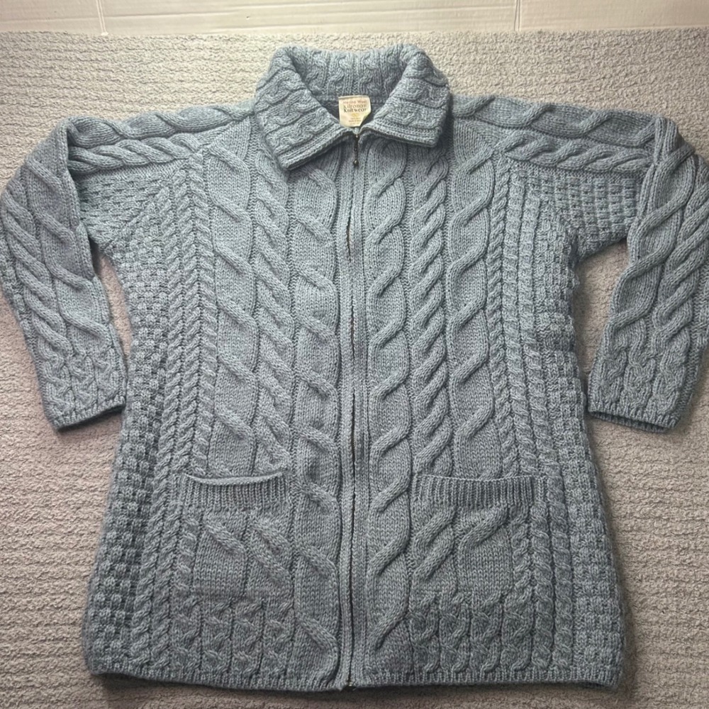Kilronan Knitwear Zip Up Aran Cardigan XXL 90s Vintage Irish Merino Wool y2k